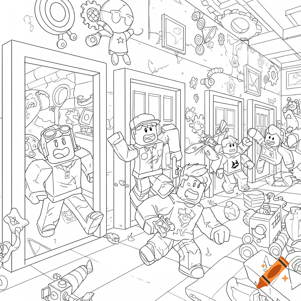 Line art coloring page of Roblox characters rushing through a cluttered hallway, with one character falling in the foreground.