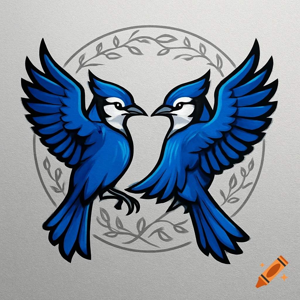 Two stylized blue jays face each other with spread wings, centered within a grey leafy wreath.