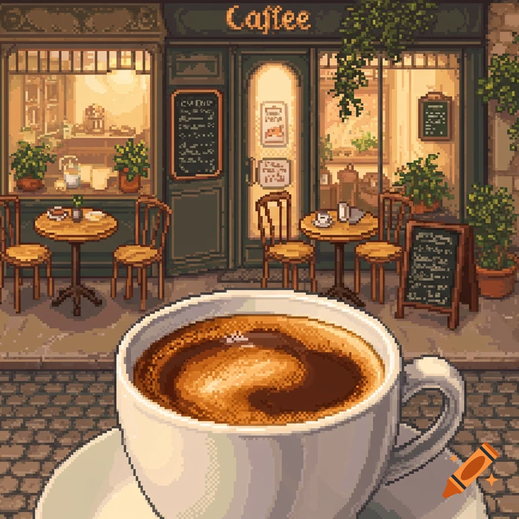 A pixel art illustration of a coffee cup in the foreground with a cozy cafe building and outdoor seating in the background.