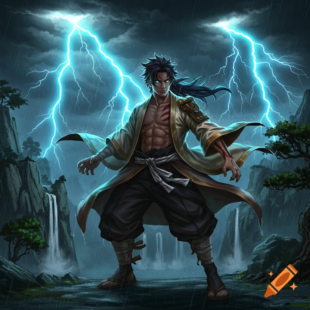 Anime male character with glowing blue eyes, bare chest, and flowing robes, standing in a stormy landscape with lightning and waterfalls.