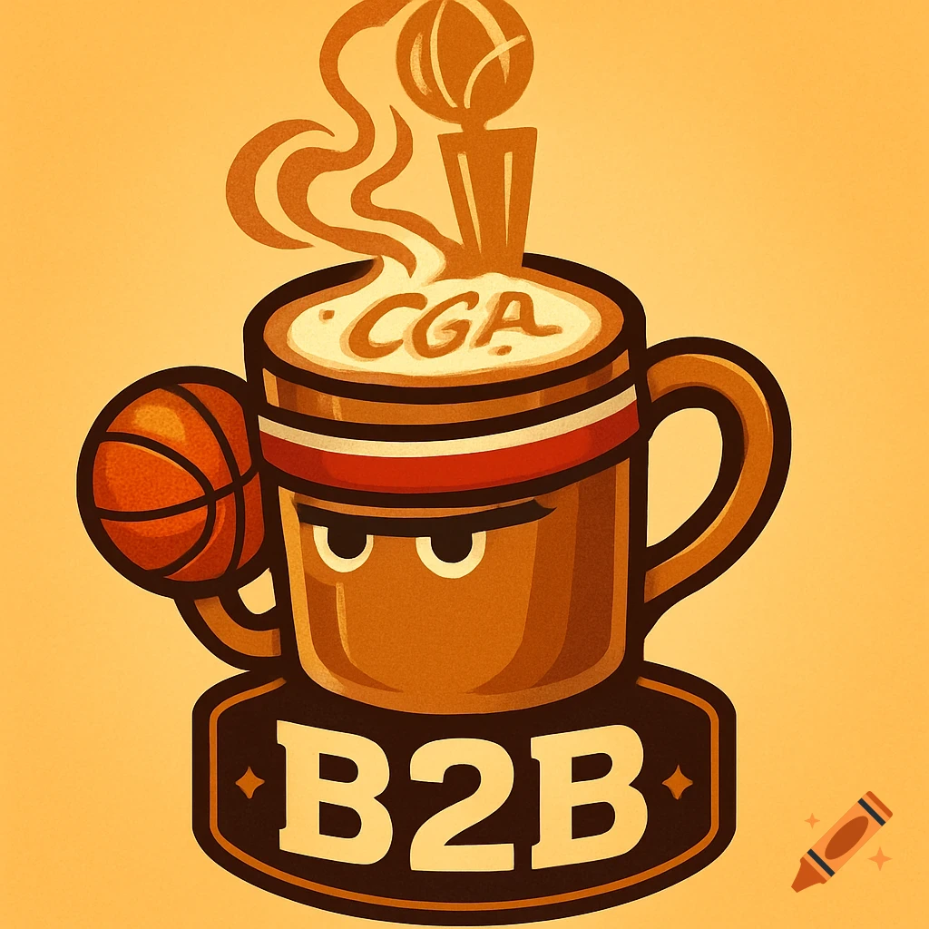 A cartoon logo of a steaming chai mug wearing a headband, holding a basketball. The steam forms a trophy. 'CGA' is in the foam, 'B2B' on a belt.