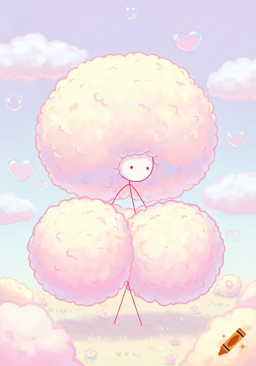 A kawaii stick figure with a huge cotton candy head and body in a dreamy pastel landscape with clouds and hearts.