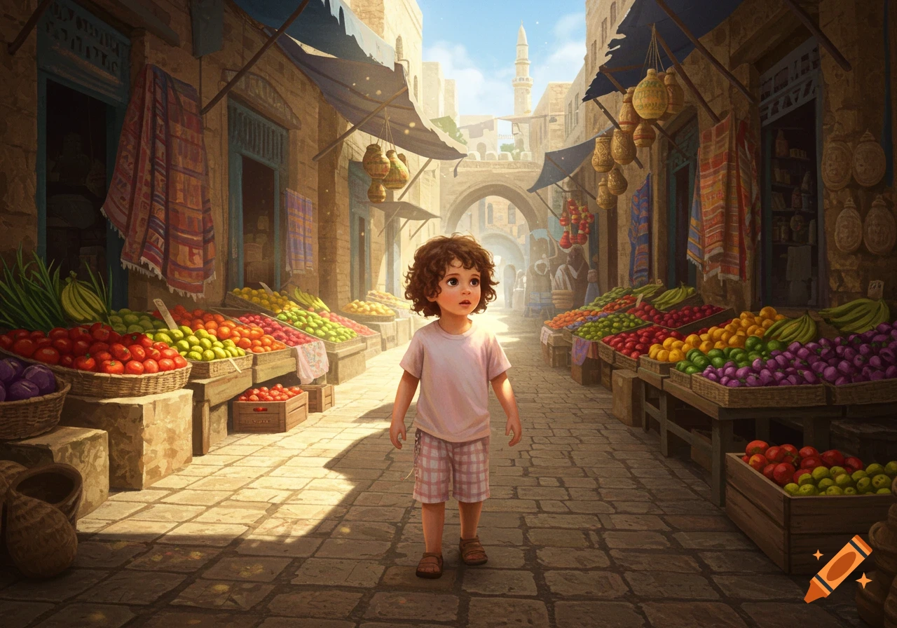 An illustration of a small child with curly hair standing in a vibrant marketplace filled with baskets of colorful fruits and vegetables.