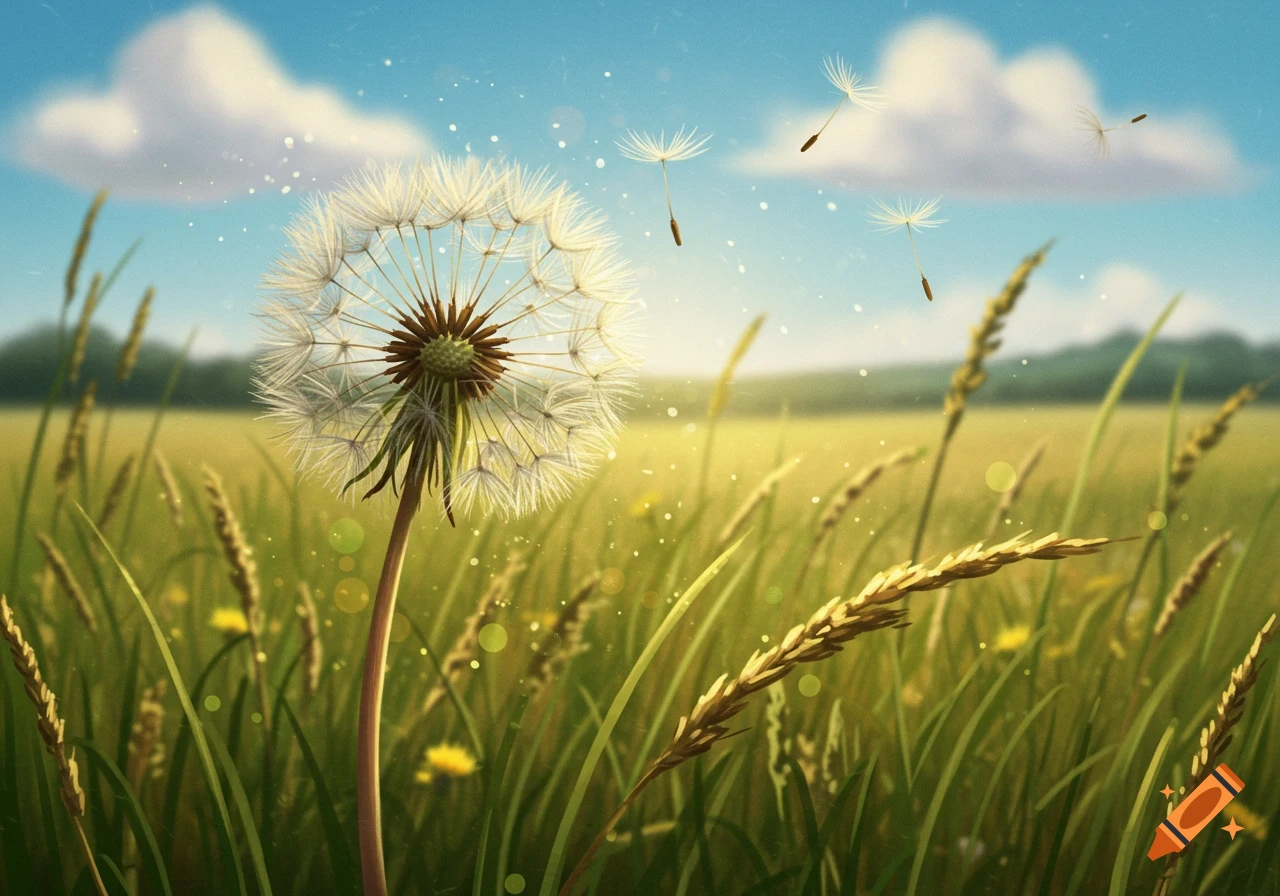 A close-up of a dandelion puffball with seeds floating in a sunny field under a blue sky with clouds.