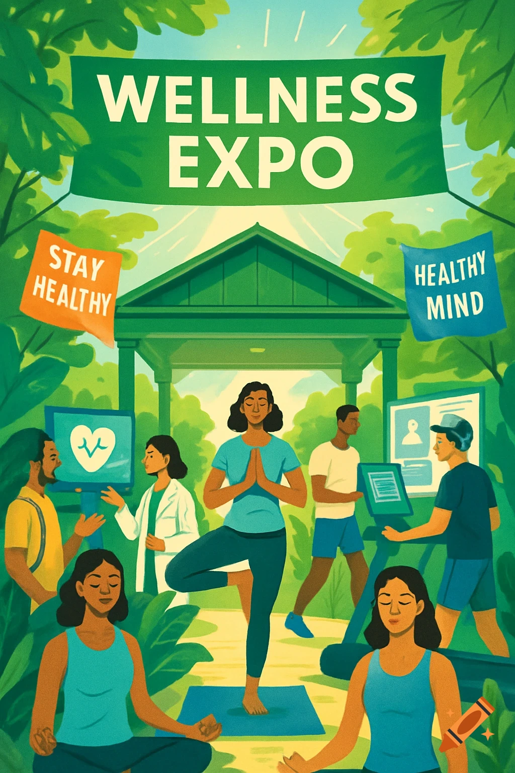 An illustration of a wellness expo with diverse people doing yoga, meditating, and exercising in a green outdoor setting.