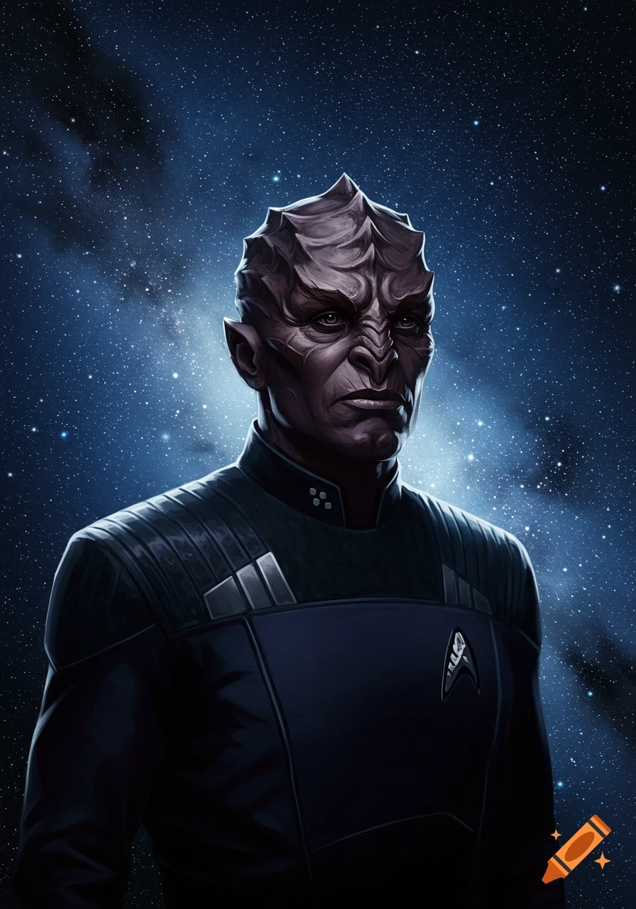 A detailed portrait of a purple-skinned alien with ridges on its head, wearing a dark uniform, against a starry night sky.