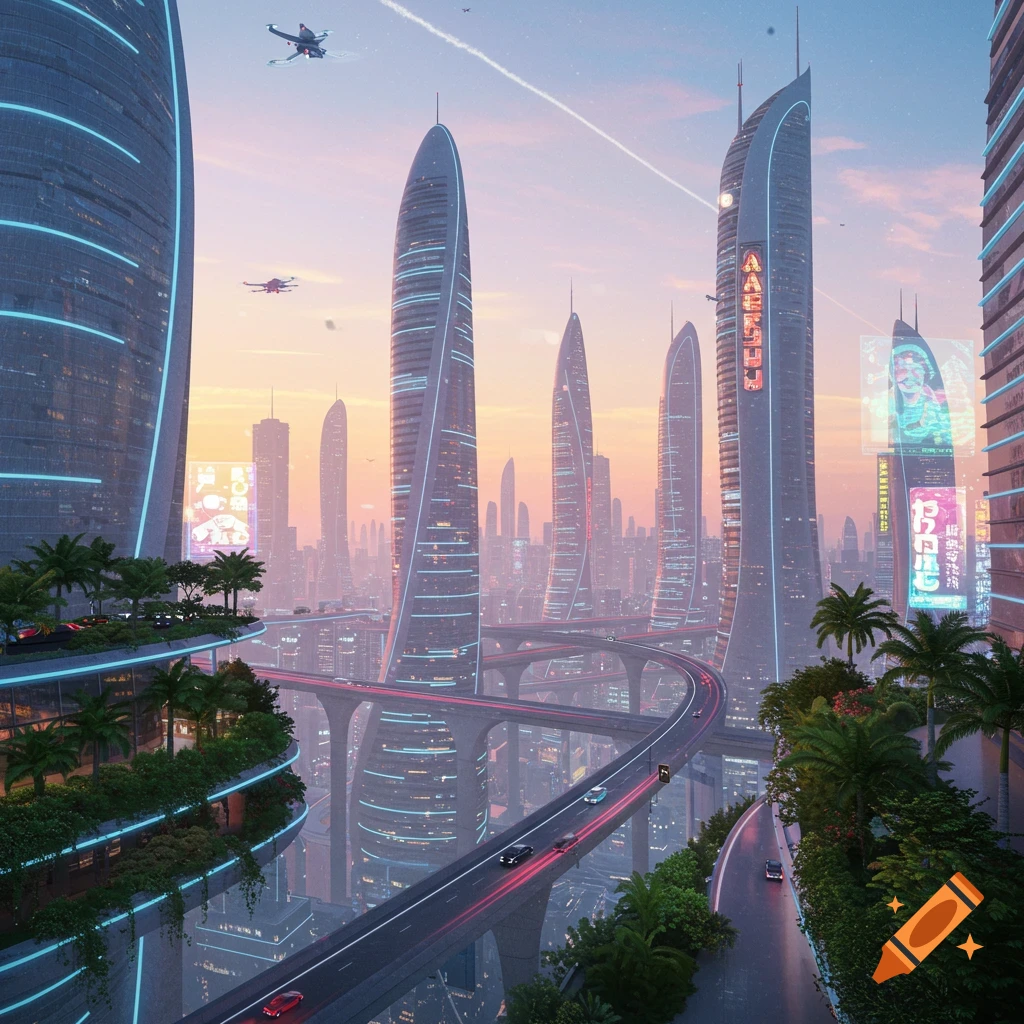 A vibrant futuristic city at sunset with towering skyscrapers, elevated highways, flying vehicles, and green vertical gardens.