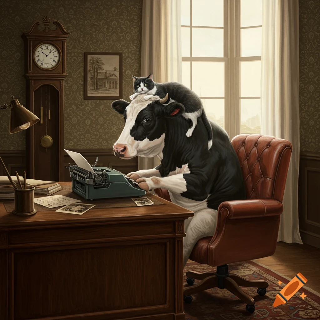 A tuxedo cat rests on the head of a black and white cow typing on a vintage typewriter at a wooden office desk, in a photorealistic style.
