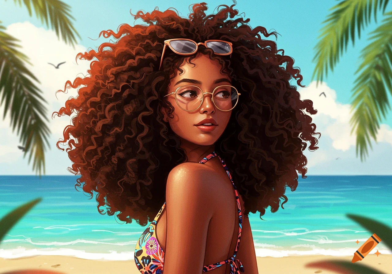 Illustrated portrait of a mixed-race woman with curly hair, glasses, and a colorful bikini top, posing on a tropical beach.