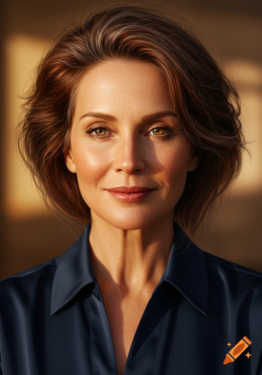 Photorealistic portrait of an attractive middle-aged woman with brown hair and golden eyes, smiling faintly in a dark blue shirt.