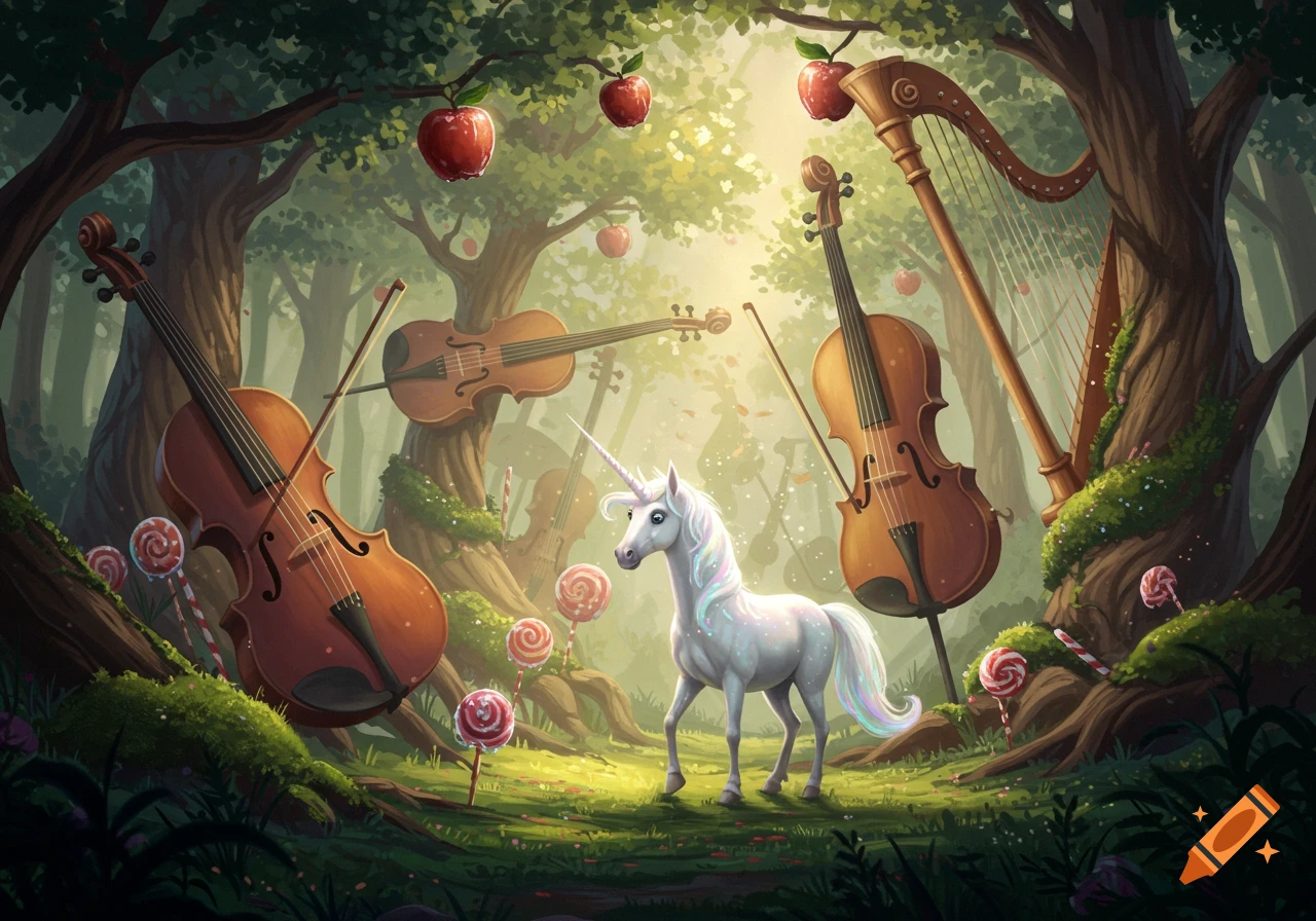 A white unicorn with a rainbow mane stands in a magical forest with floating violins, a harp, trees with red apples, and lollipops.