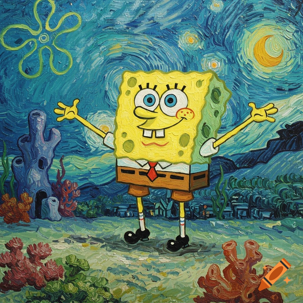 Spongebob Squarepants in a Van Gogh's Starry Night inspired oil painting, featuring an underwater scene.
