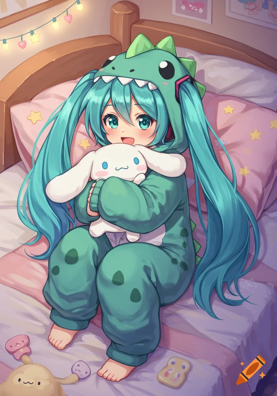Anime girl Hatsune Miku in a green dinosaur onesie sits in bed, hugging a white Cinnamoroll plushie.