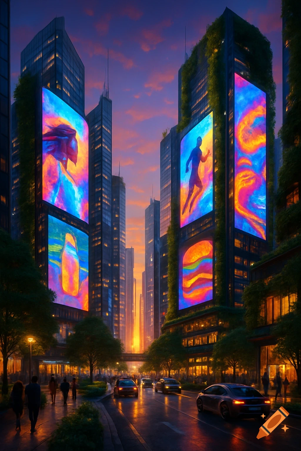 A futuristic city street at sunset with skyscrapers featuring large, glowing digital billboards displaying abstract art and vertical gardens. Pedestrians walk below.