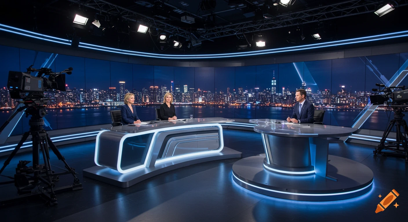 Three news anchors sit at modern desks in a television studio with a cityscape at night visible through large windows. Cameras are on tripods.