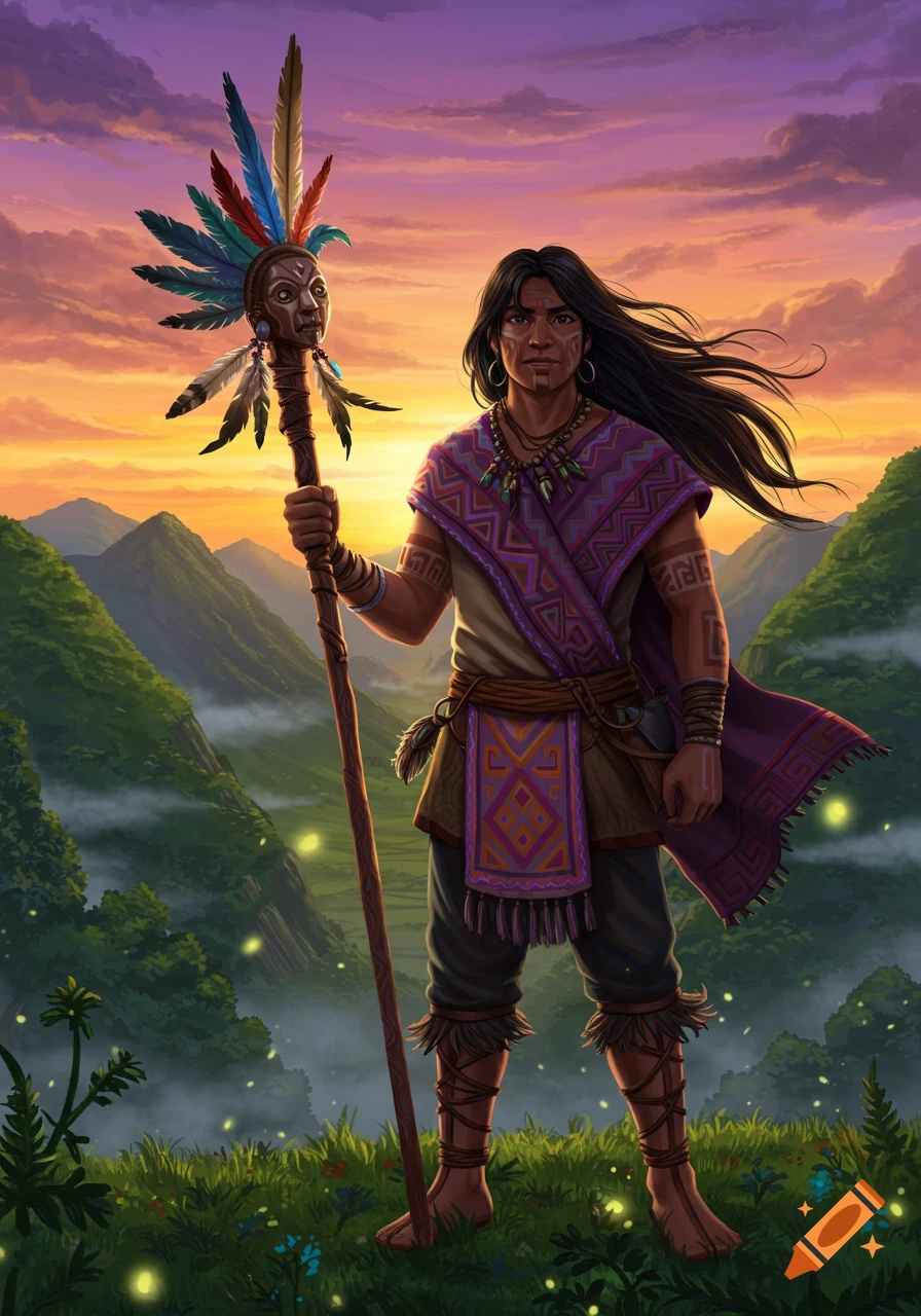 A person with long dark hair, wearing patterned traditional attire, holding a feathered staff on a grassy hill overlooking misty mountains at sunset, detailed illustration.