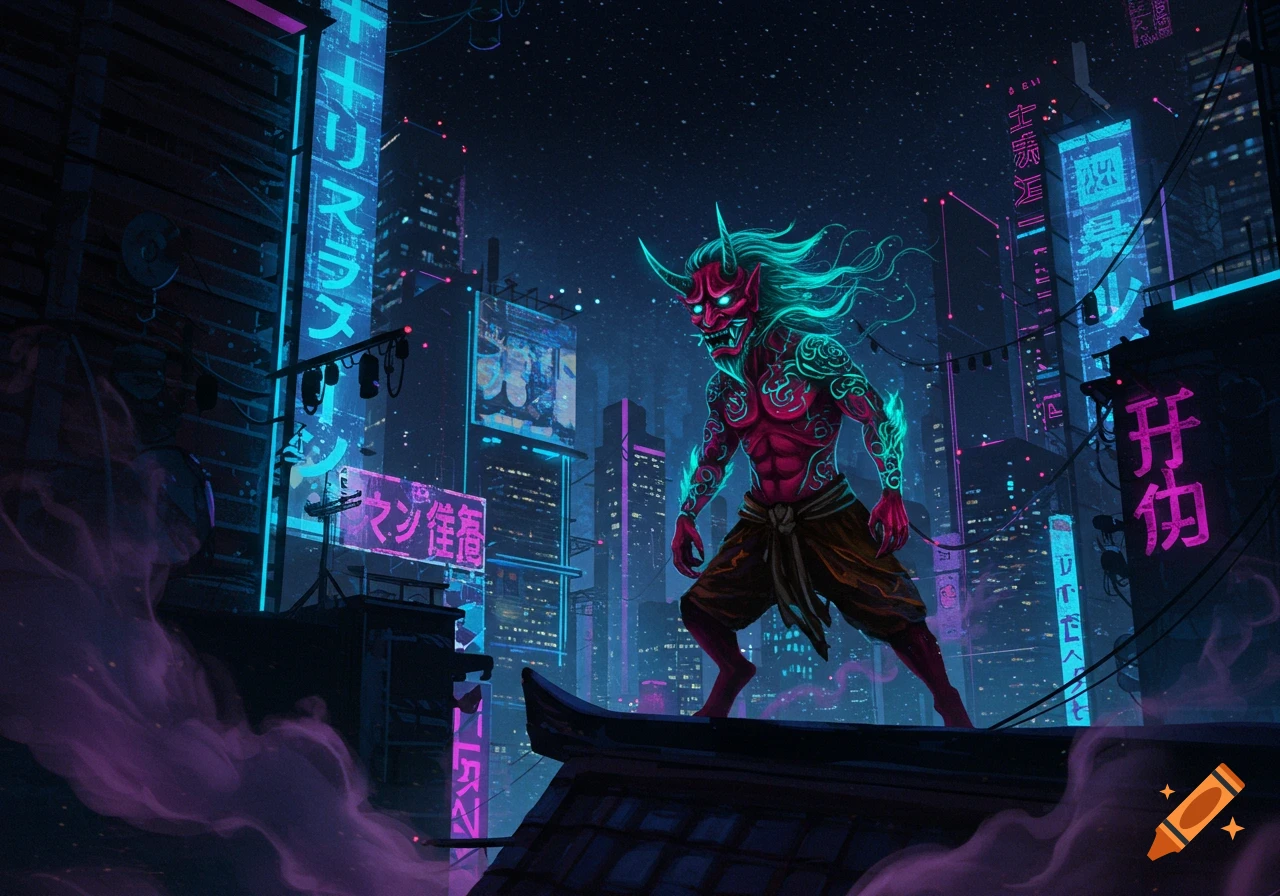 A red Oni with glowing teal horns and tattoos stands on a rooftop in a neon-lit cyberpunk city at night.