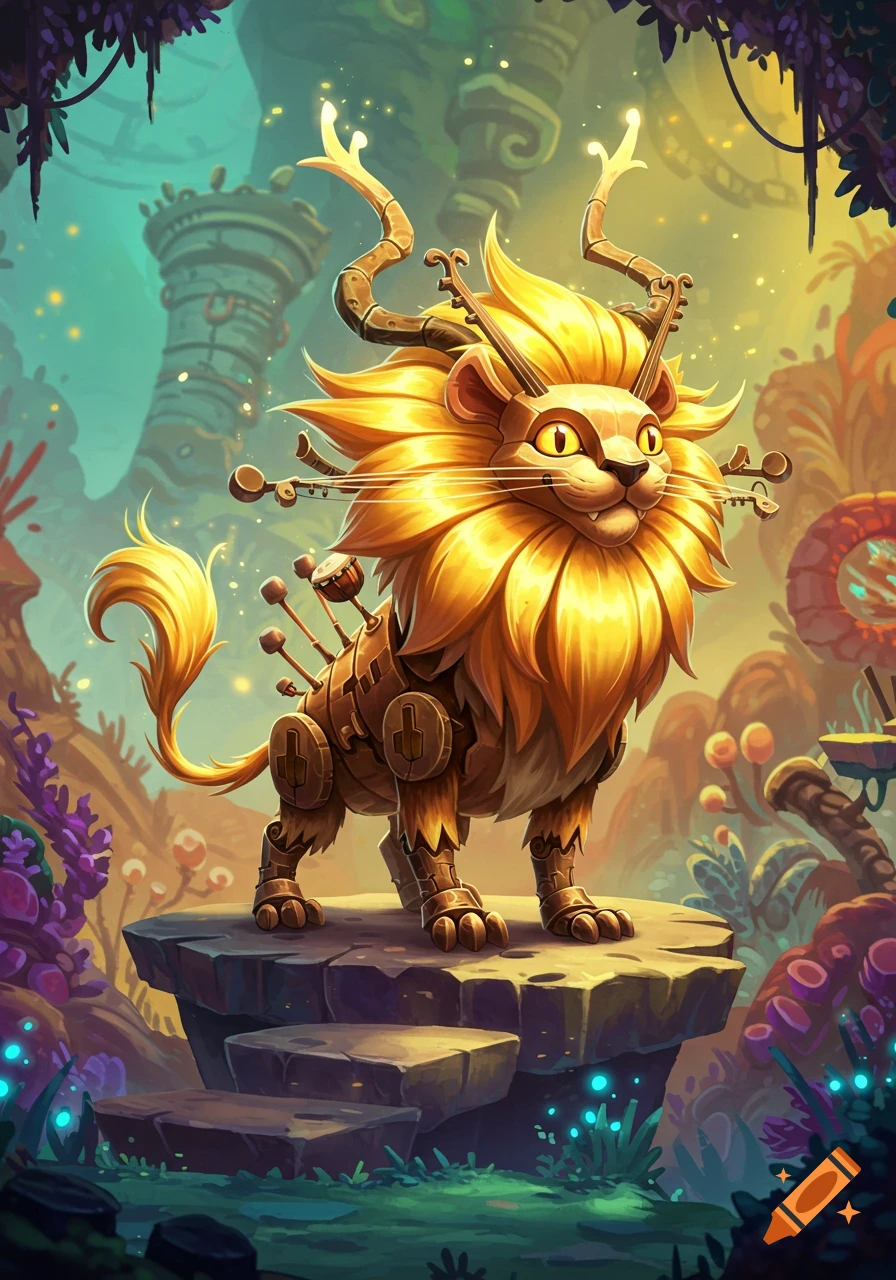 A golden, mechanical lion-like monster with musical instruments integrated into its body, standing on a rock in a vibrant fantasy forest.