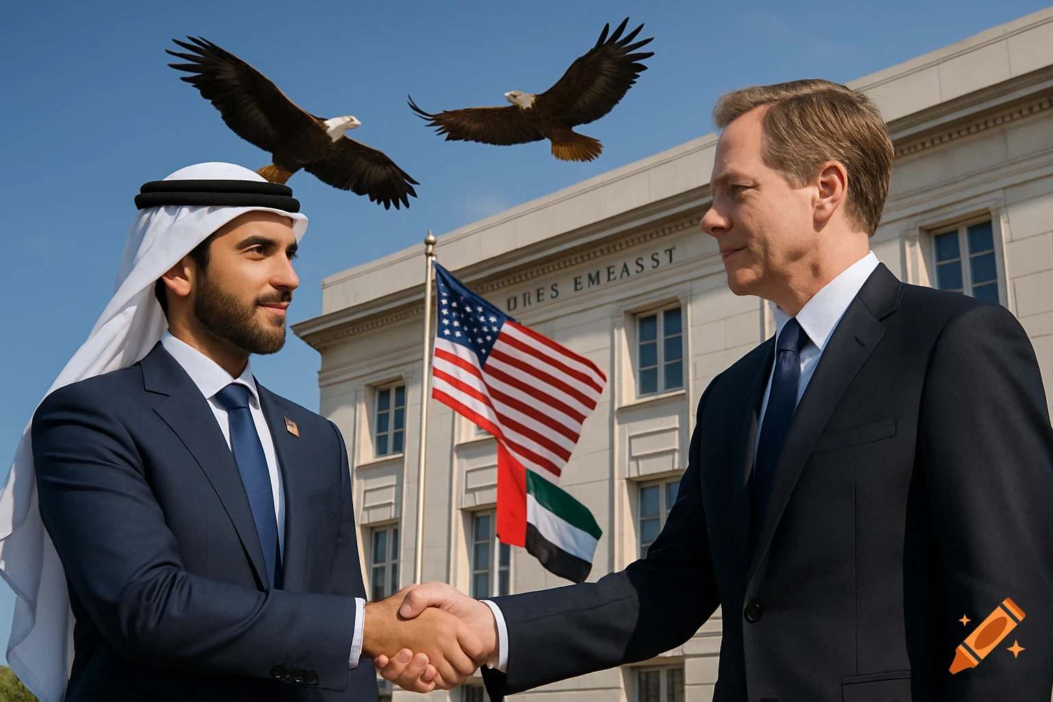 An Emirati diplomat in traditional headwear and an American diplomat in suits shake hands in front of an embassy, with US and UAE flags and two eagles flying overhead.
