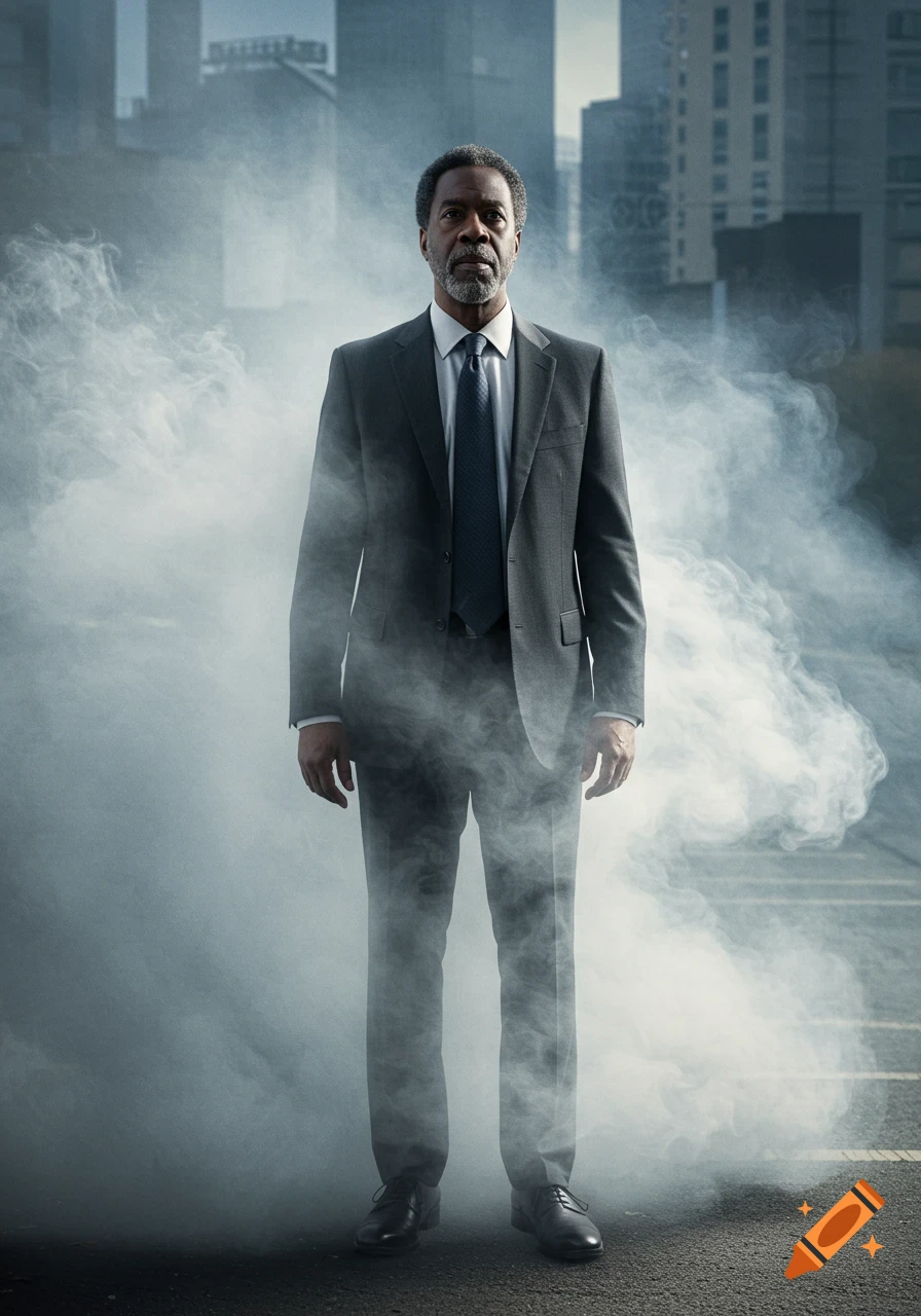 Photorealistic image of a serious older Black man in a suit standing amidst smoke with city buildings in the background.