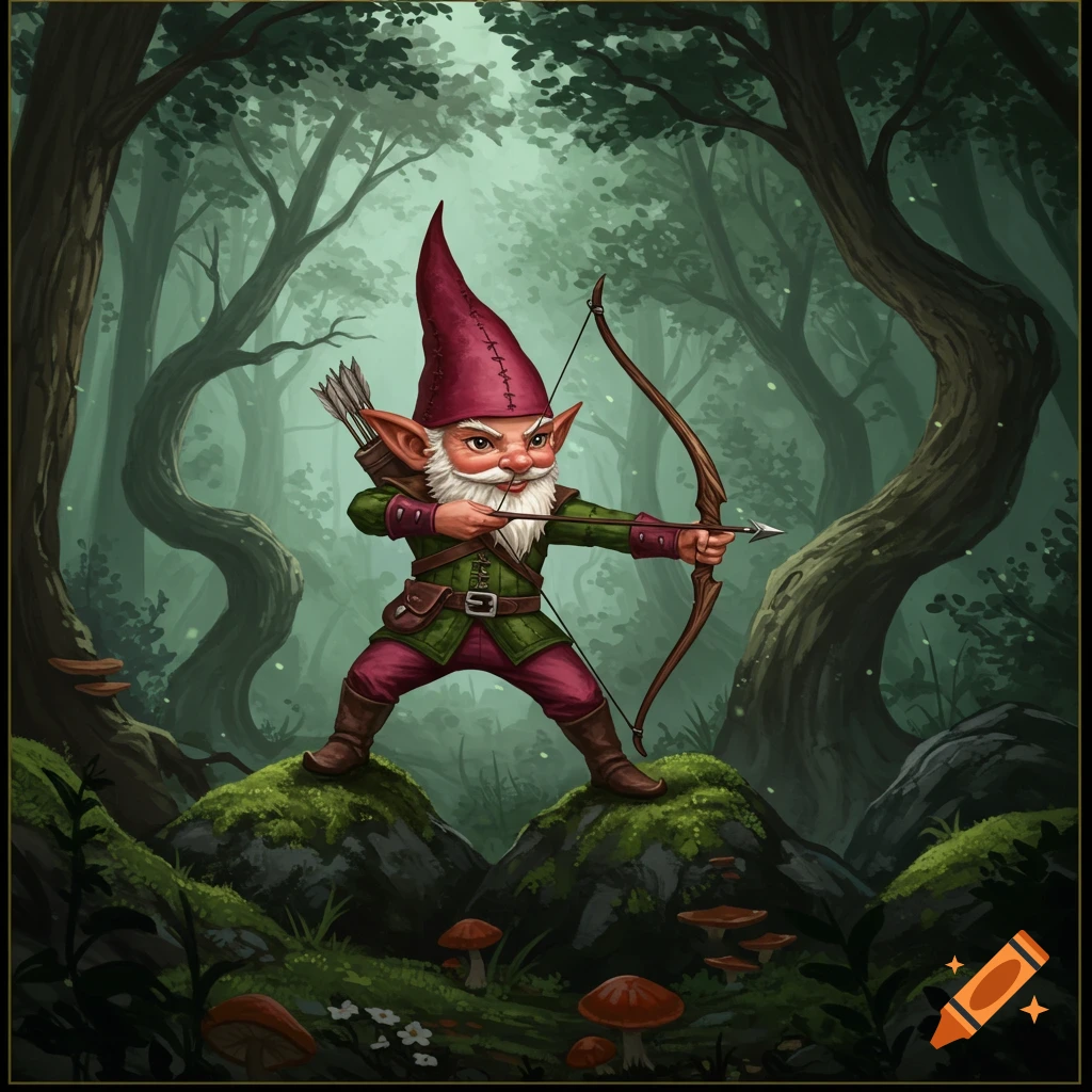 A mischievous-looking gnome with a red hat and white beard aims a bow and arrow in a mystical forest.