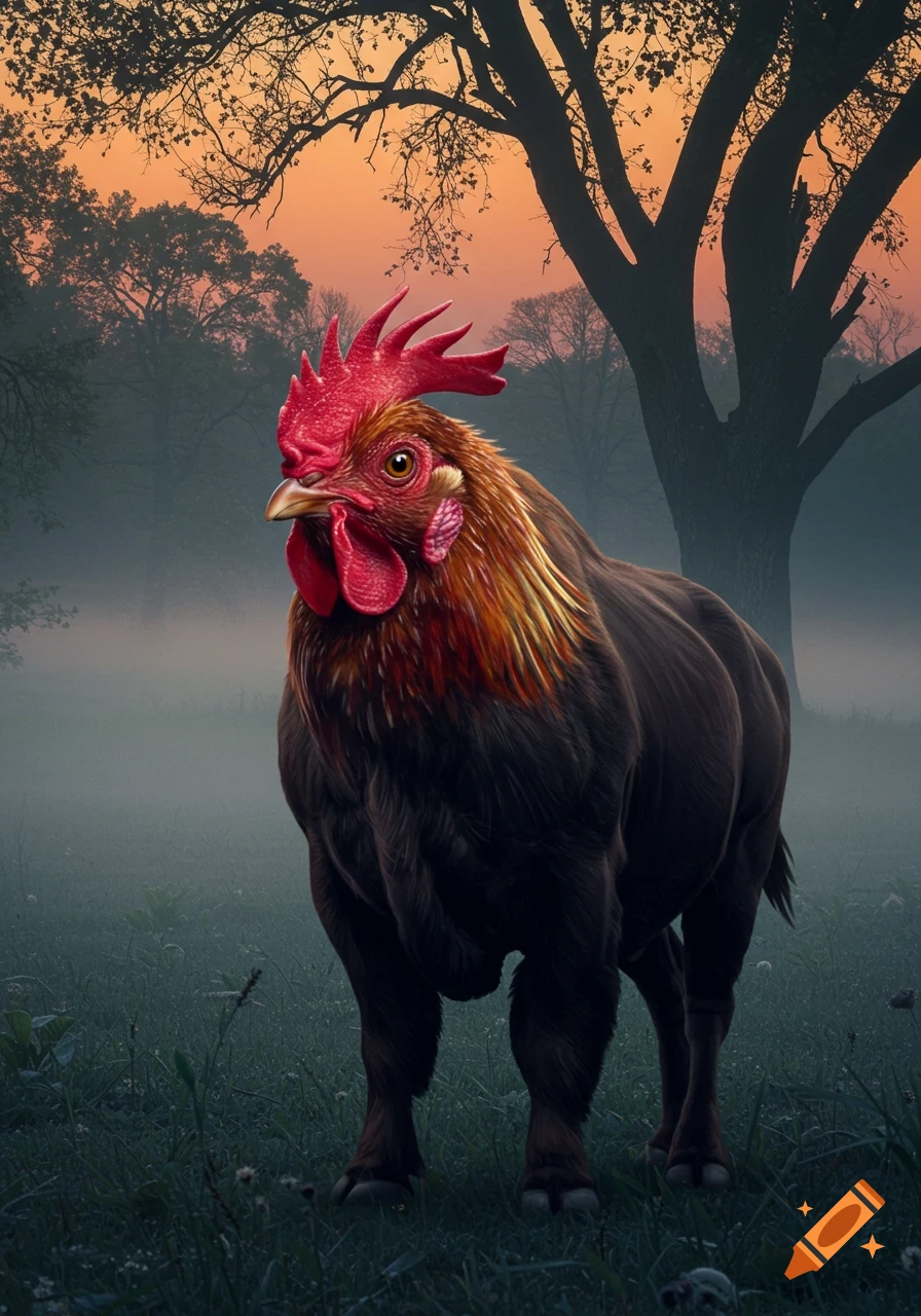 A fantasy creature with a chicken's head and a buffalo's body stands in a misty forest with an orange sunset sky.