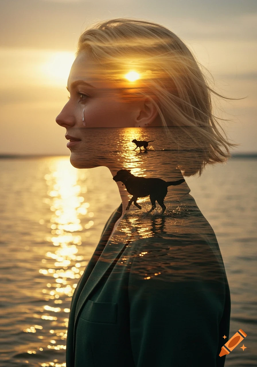 Double exposure portrait of a crying blonde woman in profile, revealing two dogs running in a golden sunset ocean.