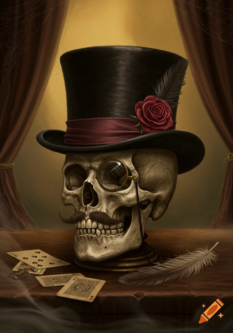A dapper skull in a top hat with a red rose, monocle, and mustache, next to playing cards and a feather on a wooden table.