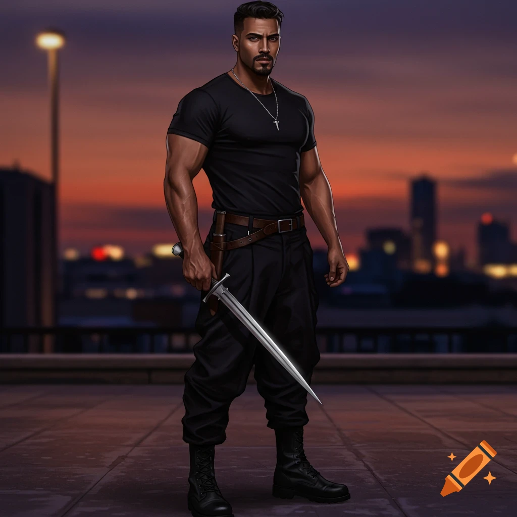 Muscular man with a goatee and black clothing holding a dagger on a rooftop at sunset, blurred city in background. Digital art.