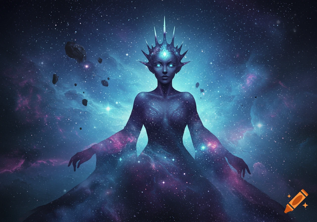 A cosmic queen figure with glowing eyes and a spiky crown, blending into a starry, nebula-filled universe with floating asteroids.