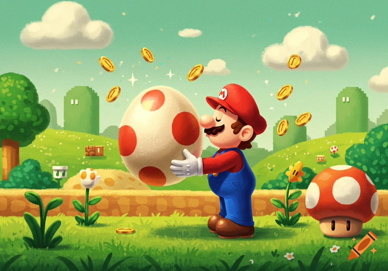Cartoon Mario holds a large white Yoshi egg in a vibrant green field, with floating golden coins and classic Super Mario elements.