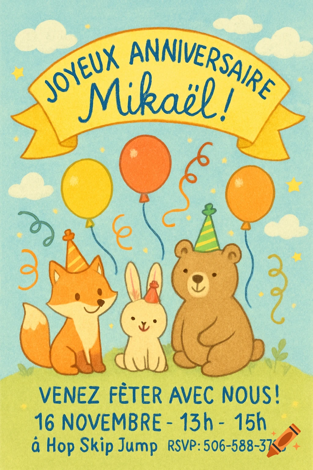 Illustrated birthday invitation with a fox, bunny, and bear wearing party hats, surrounded by balloons and confetti, with French text.
