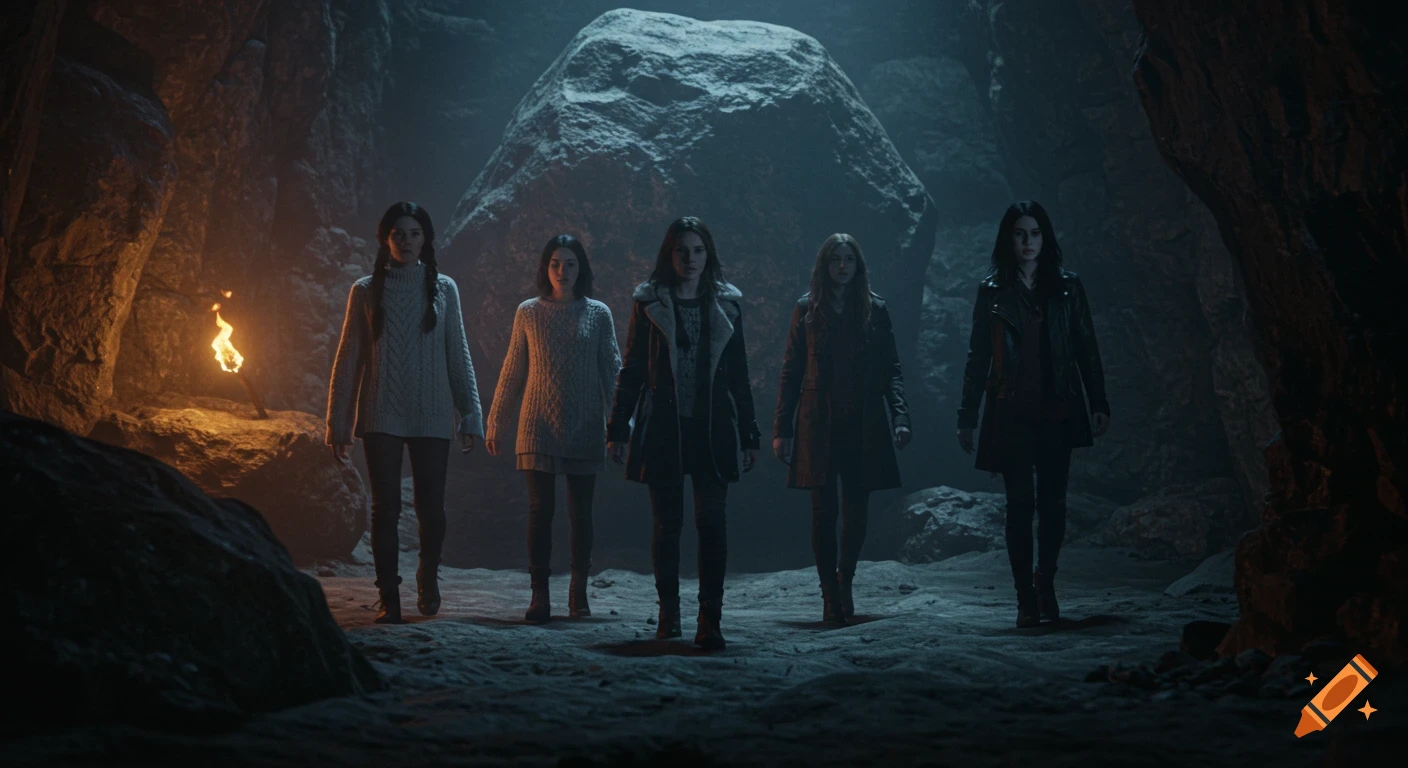 Five young women in winter clothes explore a dark, eerie cave lit by a single torch in a fantasy 3D style.