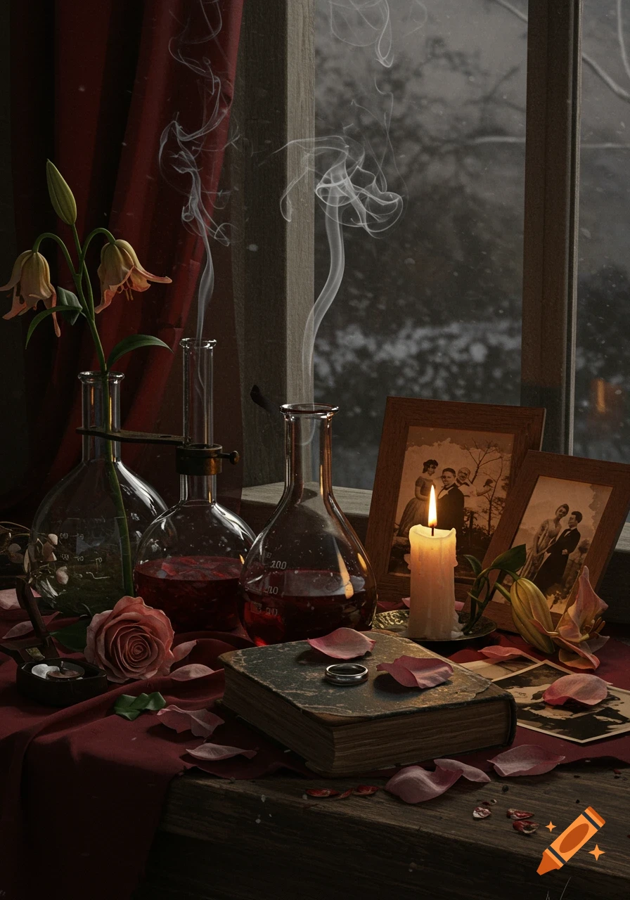 Moody still life on a windowsill: smoking beakers, lit candle, framed vintage photos, old book, ring, scattered rose petals.