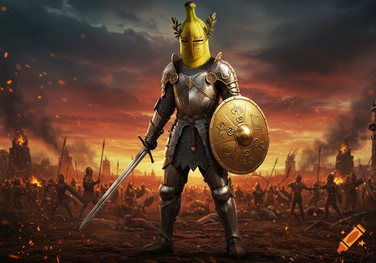 A heroic banana warrior in medieval armor stands on a fiery battlefield, holding a sword and shield, in a detailed fantasy art style.