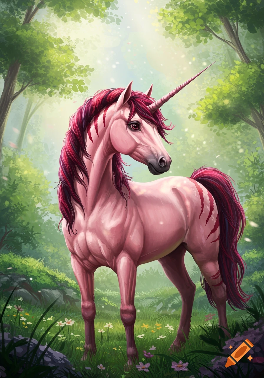 A pink unicorn with a flowing dark red mane and tail stands in a mystical forest with dappled sunlight.