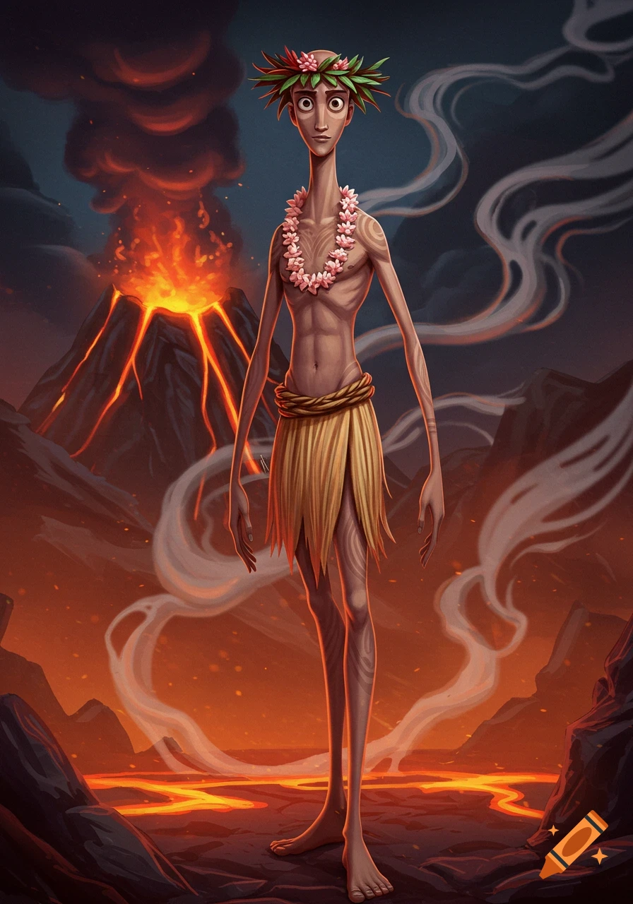 A tall, slender character with a lei and grass skirt stands before an erupting volcano with lava, in an illustrative fantasy style.