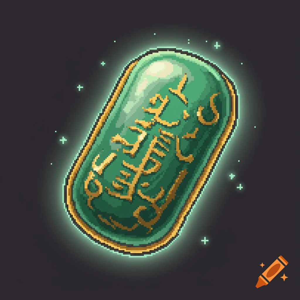 A glowing green pixel art pill adorned with golden ancient-looking symbols, floating against a dark background.