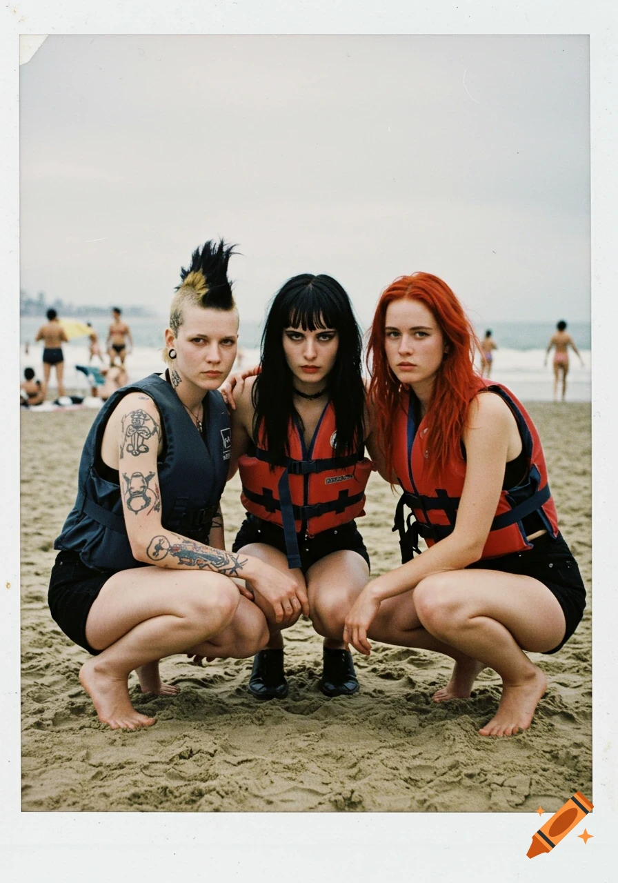 Three punk women with diverse hairstyles squatting on a sandy beach, wearing lifejackets and shorts, in a 90s polaroid style.
