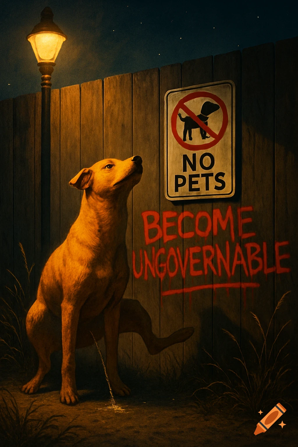 A dog pees on a fence at night with a 'No Pets' sign and red 'Become ungovernable' graffiti, lit by a street lamp.