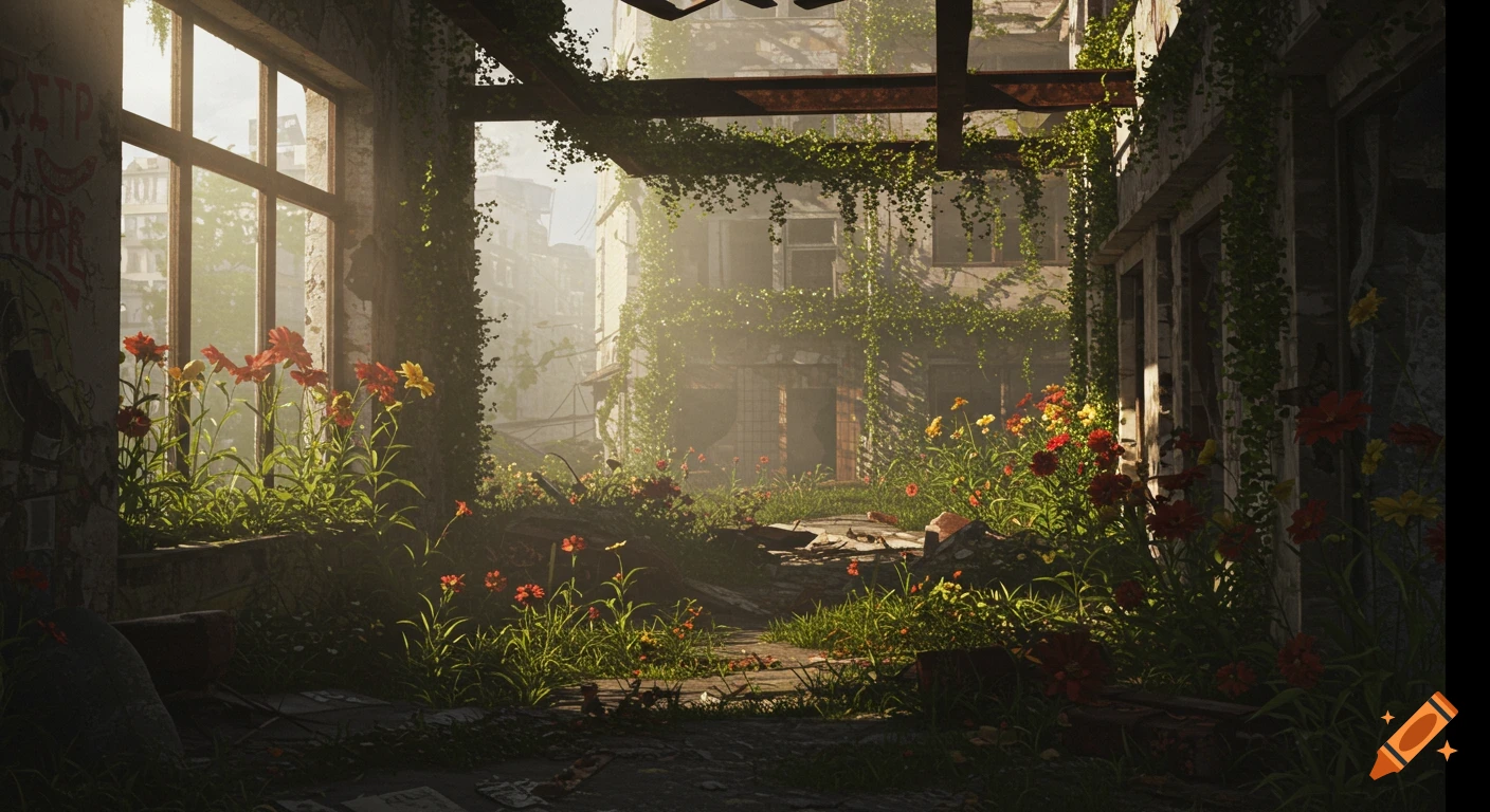 A sunlit, overgrown post-apocalyptic city with red and yellow flowers blooming inside a ruined building, covered in vines.