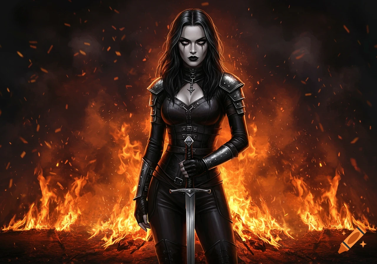 A fierce, goth-style woman in a dark leather outfit holds a sword, standing confidently against a dramatic fiery background.