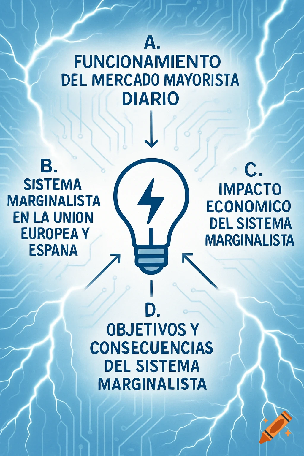An infographic diagram in Spanish about daily wholesale market operations, marginalist systems, and their economic impact, featuring a central lightbulb with a lightning bolt on a blue circuit board background.
