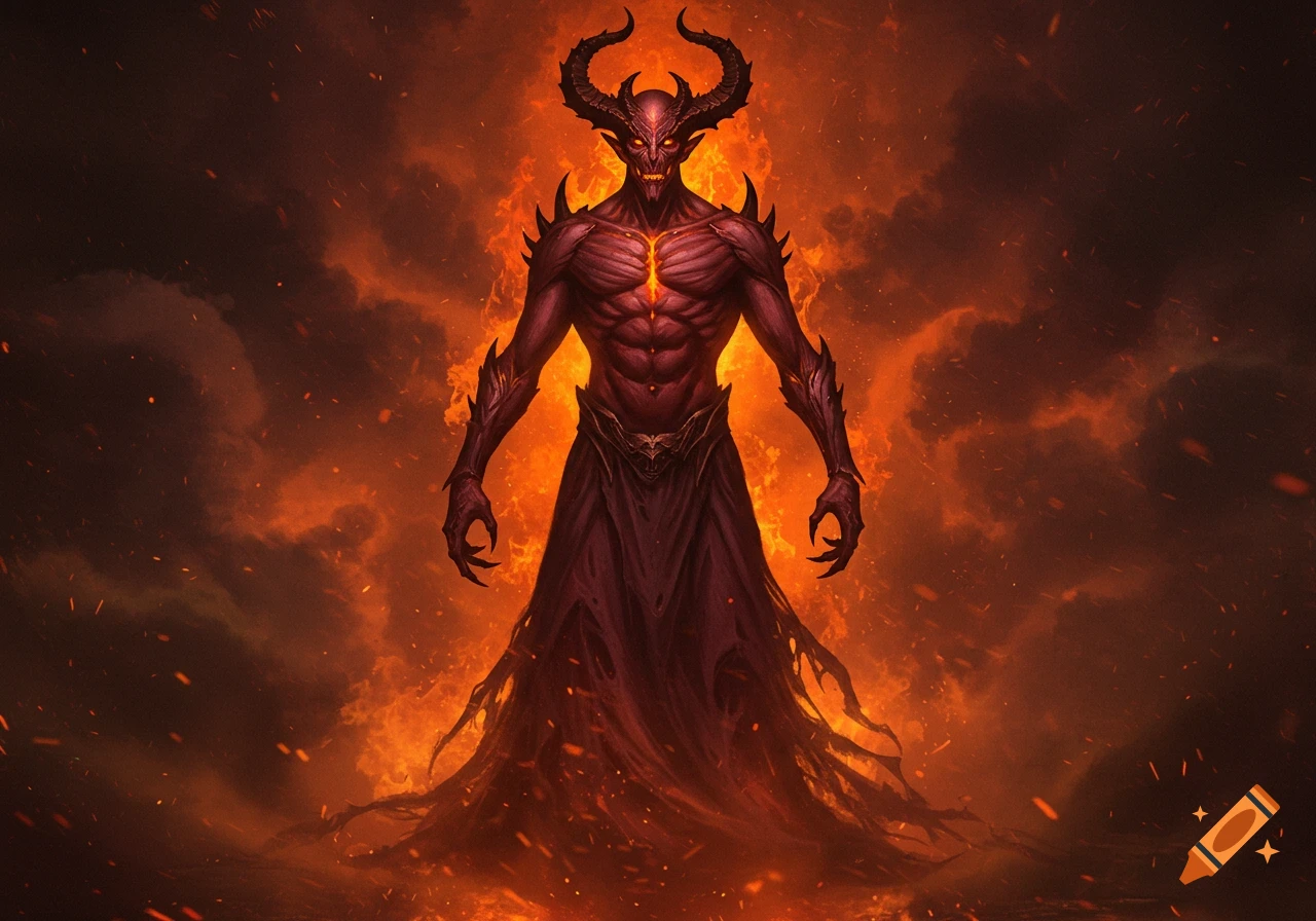A muscular maroon devil with horns and glowing eyes stands in a fiery, smoky hellscape, wearing a tattered robe.