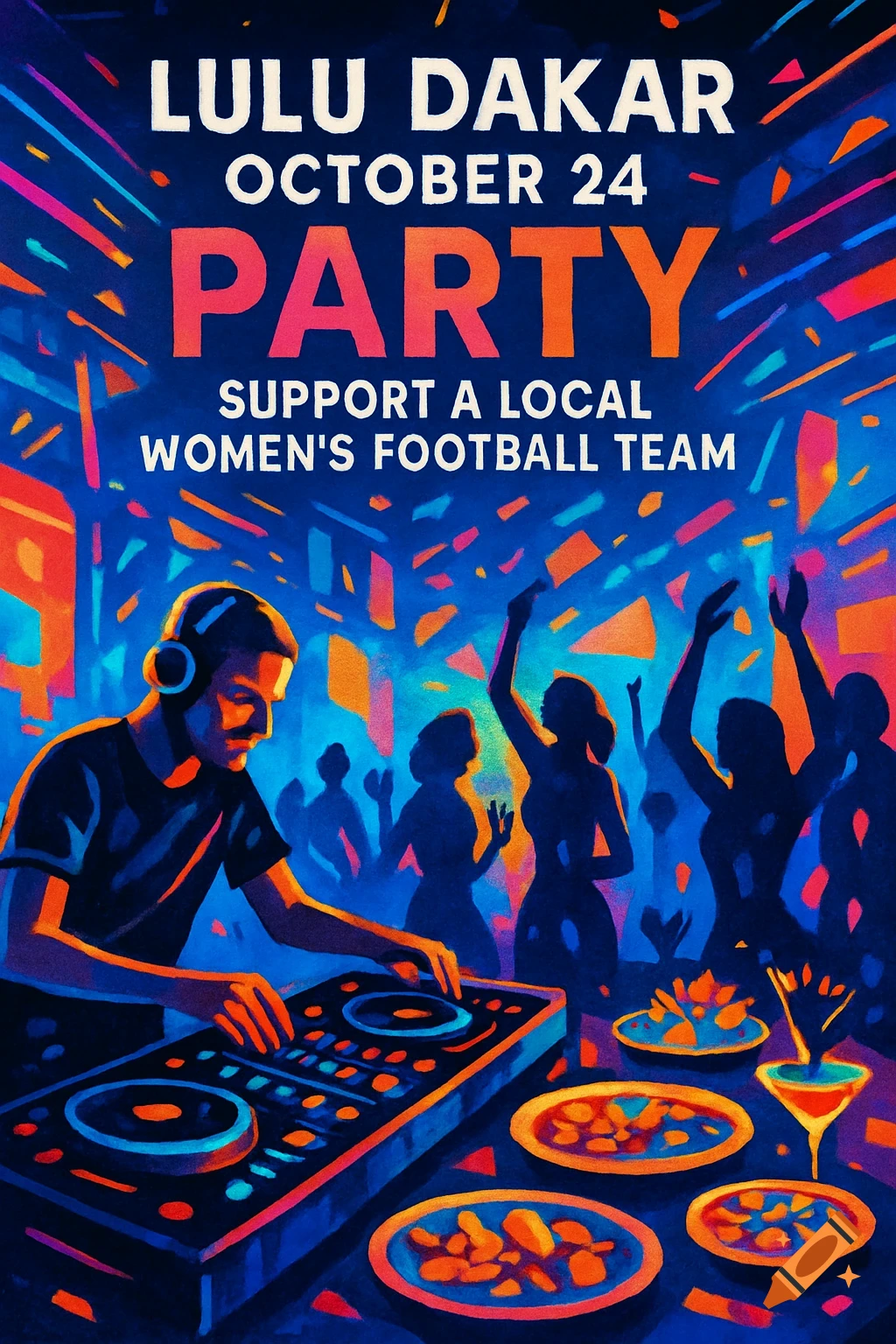 A colorful illustration of a DJ playing music at a vibrant party with dancers, food, and drinks, promoting a fundraiser for a women's football team. Text reads "Lulu Dakar October 24 Party. Support a local women's football team."