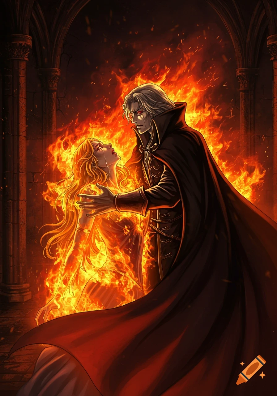 Anime illustration of Dracula reaching for a crying woman engulfed in flames in a dark, gothic setting.