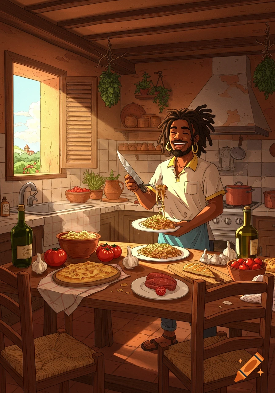A happy man with dreadlocks serves spaghetti in a rustic Italian kitchen filled with food and natural light, cartoon style.