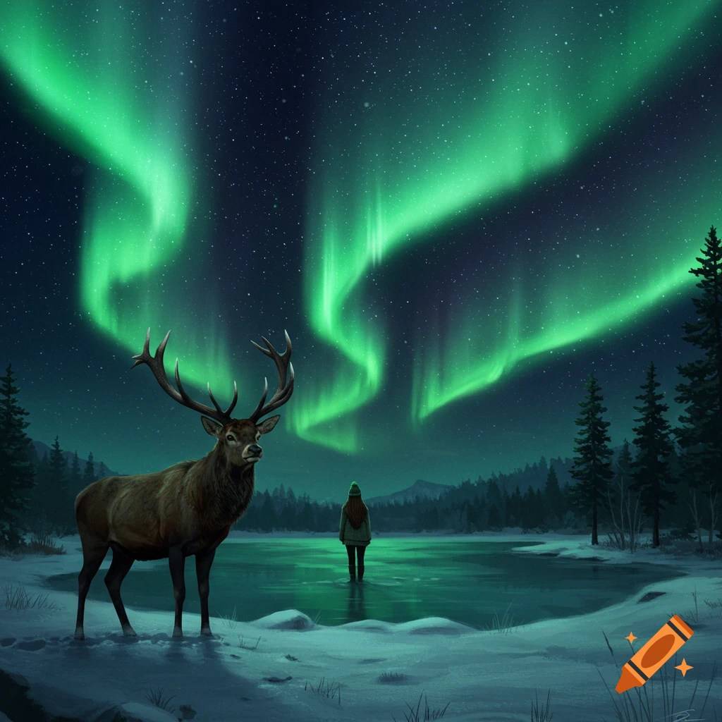A majestic elk stands on a snowy shore next to a person wading in a frozen lake, all beneath vibrant green aurora borealis.