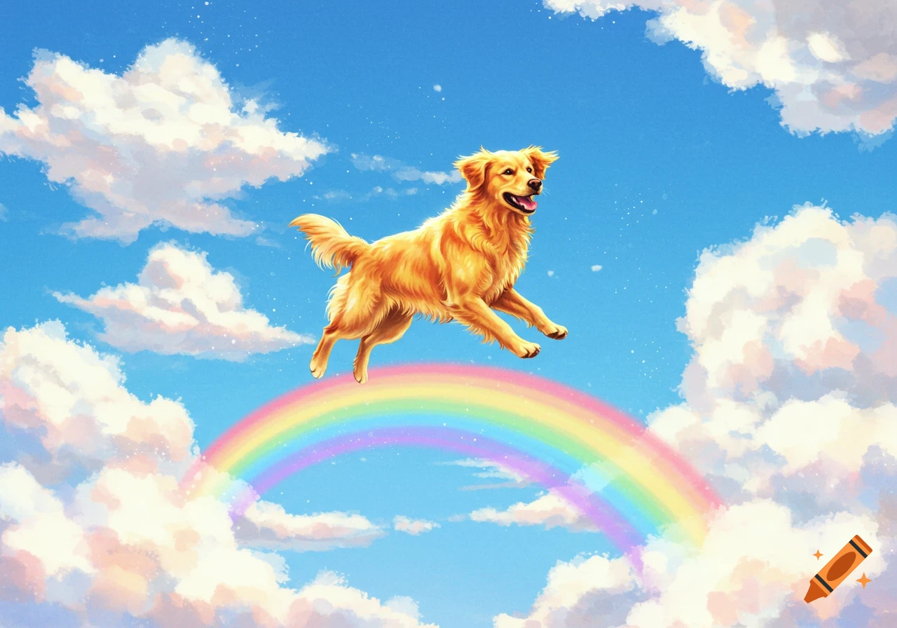 A happy golden retriever dog leaps over a colorful rainbow in a blue sky with fluffy white clouds, in an illustrative style.