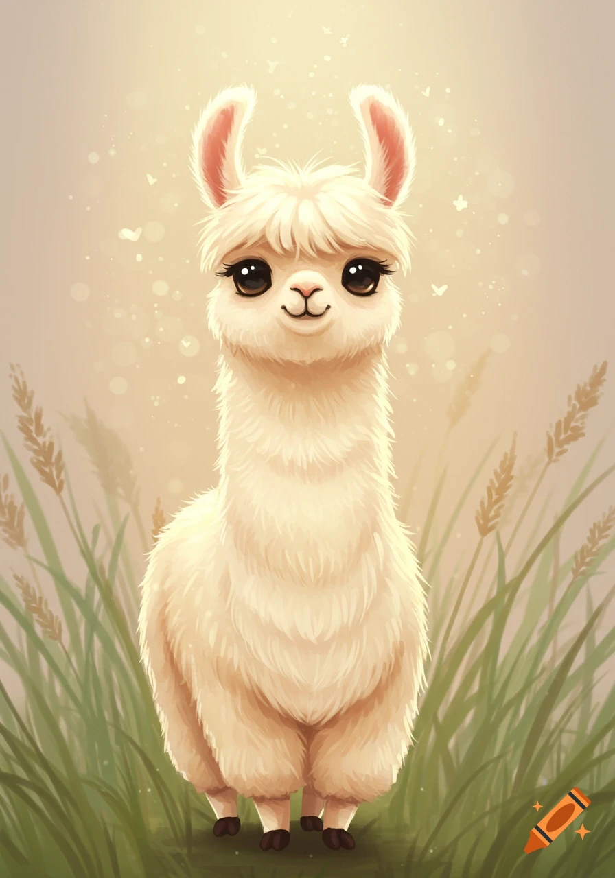 A cute, fluffy white llama with large eyes stands in tall green and golden grass, with a soft, warm glow in the background. Illustration style.